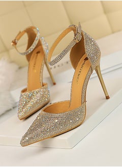 BIGTREE 10cm Women's Sandals With Sparkling Rhinestones With High Heels And Shallow Cut Points Gold  - Image 1