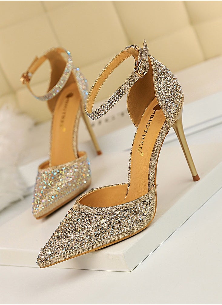 BIGTREE 10cm Women's Sandals With Sparkling Rhinestones With High Heels And Shallow Cut Points Gold  - Image 1