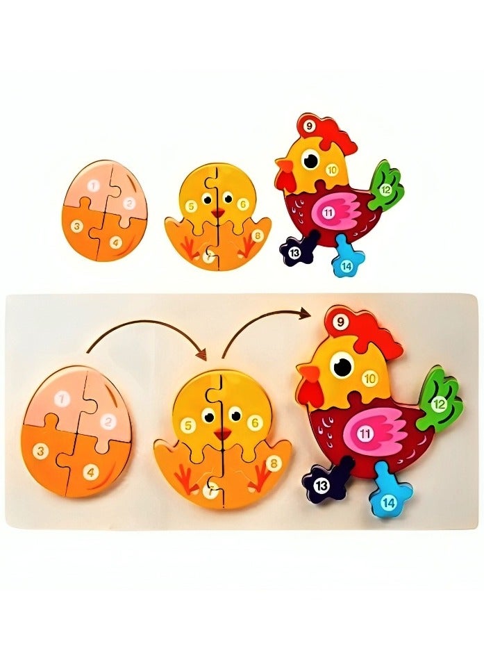 ألغاز خشبية ثلاثية الأبعاد مصممة لتعليم دورة حياة الحيوانات للأطفال، أدوات دعم التعليم المبكر للآباء والمعلمين، ألوان وأنماط جذابة، صممت لتنمية المهارات الحركية من مونتيسوري، هدايا رائعة  (شكل دجاجة) - Image 1