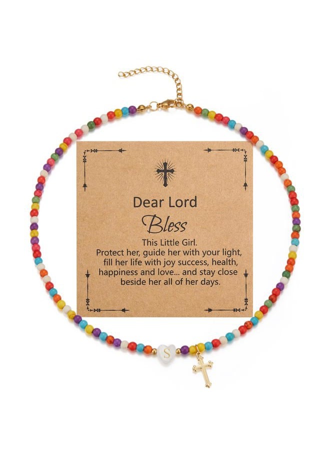 Sanyaa Cross Initial Heart Necklace Colorful Beaded First Communion Baptism Gifts Choker Necklace for Women Girls (Cross #1, S) - Image 1