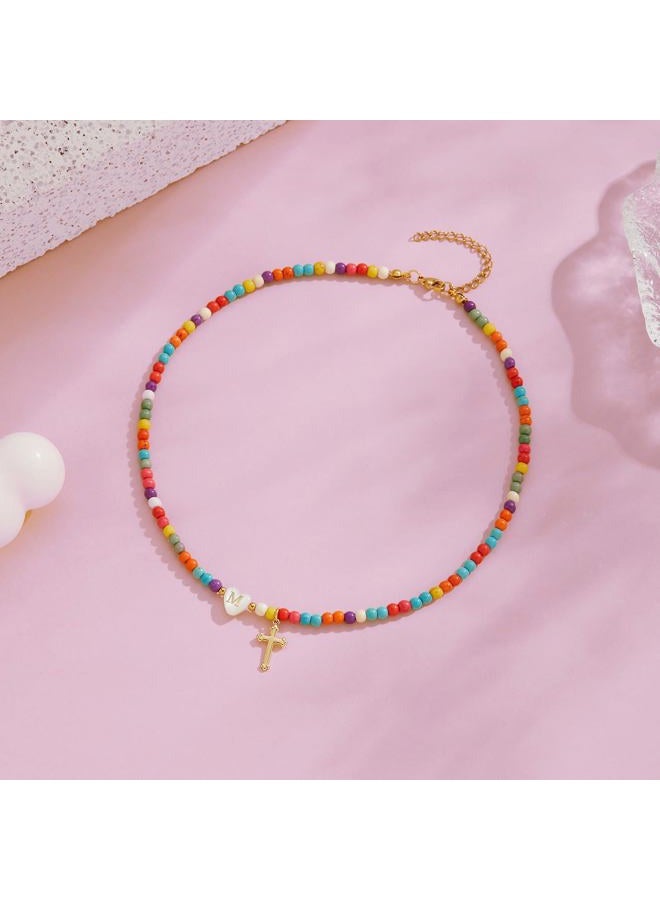Sanyaa Cross Initial Heart Necklace Colorful Beaded First Communion Baptism Gifts Choker Necklace for Women Girls (Cross #1, S) - Image 4