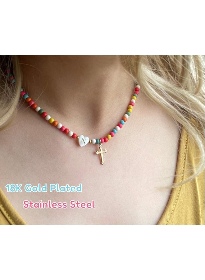 Sanyaa Cross Initial Heart Necklace Colorful Beaded First Communion Baptism Gifts Choker Necklace for Women Girls (Cross #1, S) - Image 2