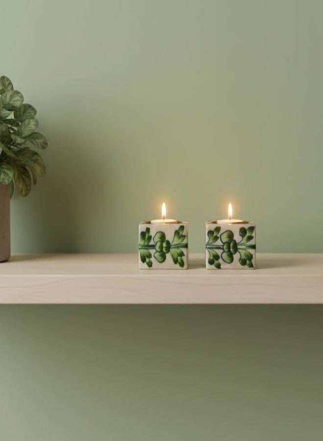 Natriel Set of 2 Handmade Blue Pottery Luxury Candle Holders Diwali Decoration Items for Home Decor Christmas and Diwali Gifts Hand Painted Premium Ambience (3 cm x 6 cm) (Design-08) - Image 1