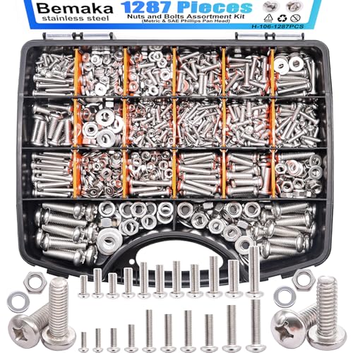 Bemaka 1287Pcs Nuts and Bolts Assortment Kit, 304 Stainless Steel Bolts Machine Screws Hardware Assortment Kit, Metric & SAE Phillips Pan Head Screws, Assorted Bolts, Nuts and Washers Kit - Image 1