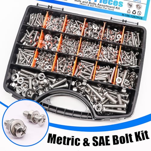 Bemaka 1287Pcs Nuts and Bolts Assortment Kit, 304 Stainless Steel Bolts Machine Screws Hardware Assortment Kit, Metric & SAE Phillips Pan Head Screws, Assorted Bolts, Nuts and Washers Kit - Image 5