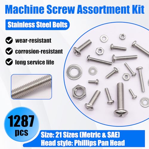 Bemaka 1287Pcs Nuts and Bolts Assortment Kit, 304 Stainless Steel Bolts Machine Screws Hardware Assortment Kit, Metric & SAE Phillips Pan Head Screws, Assorted Bolts, Nuts and Washers Kit - Image 4