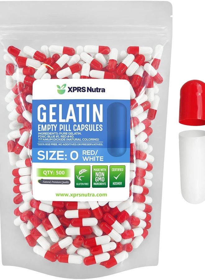 XPRS Nutra Size 0 Empty Capsules - 500 Count Empty Gelatin Capsules - Empty Pill Capsules - DIY Capsule Filling - Pure Bovine Pill Capsules Empty Gel Caps (Red/White)