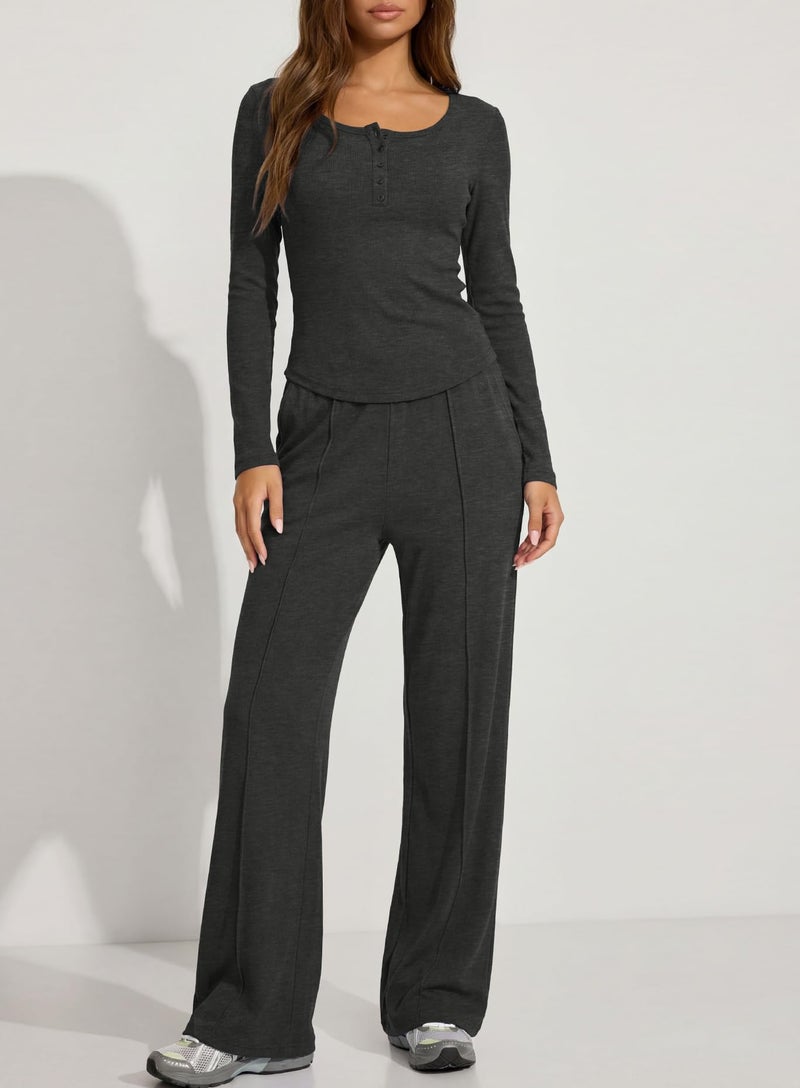 Darong Women's 2 Piece Sets 2025 Fall Long Sleeve Henley Tops Wide Leg Pants Matching Outfit Tracksuits Fashion Clothing 9122 Dark Grey M - Image 3