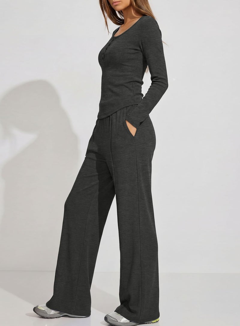 Darong Women's 2 Piece Sets 2025 Fall Long Sleeve Henley Tops Wide Leg Pants Matching Outfit Tracksuits Fashion Clothing 9122 Dark Grey M - Image 4
