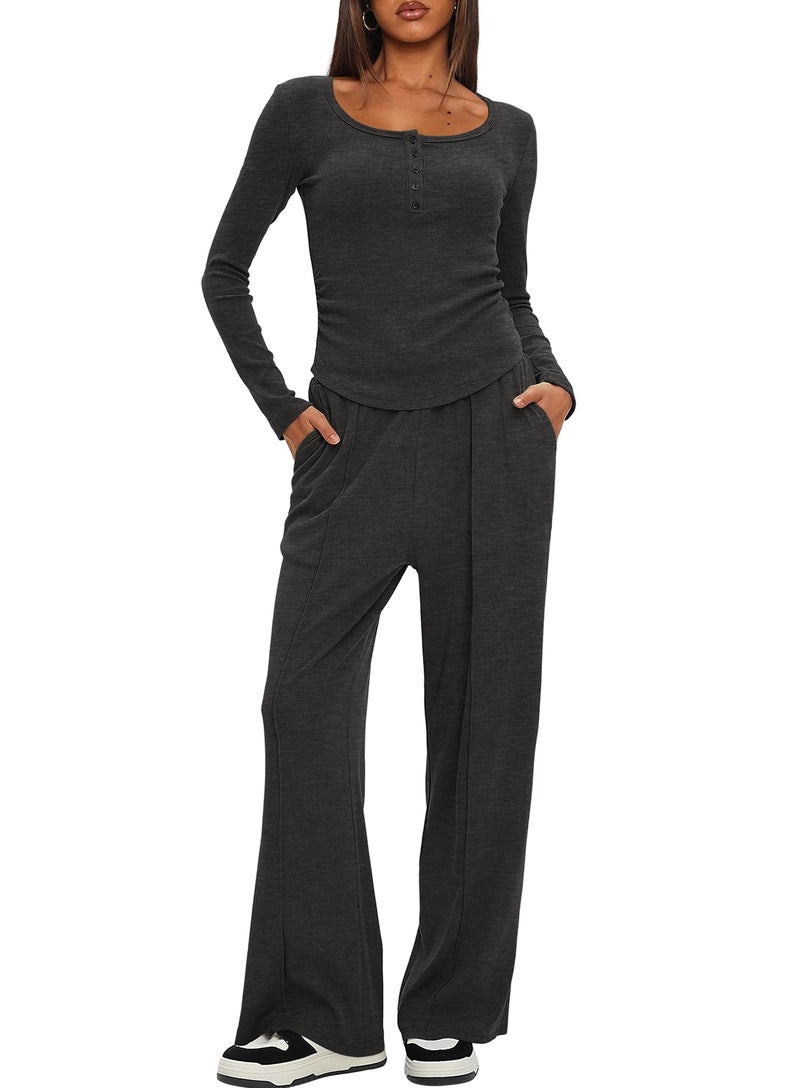 Darong Women's 2 Piece Sets 2025 Fall Long Sleeve Henley Tops Wide Leg Pants Matching Outfit Tracksuits Fashion Clothing 9122 Dark Grey M - Image 5