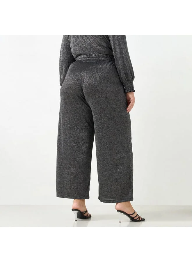 Ulla Popken Plus Size Ulla Popken Textured Pants with Drawstring Closure