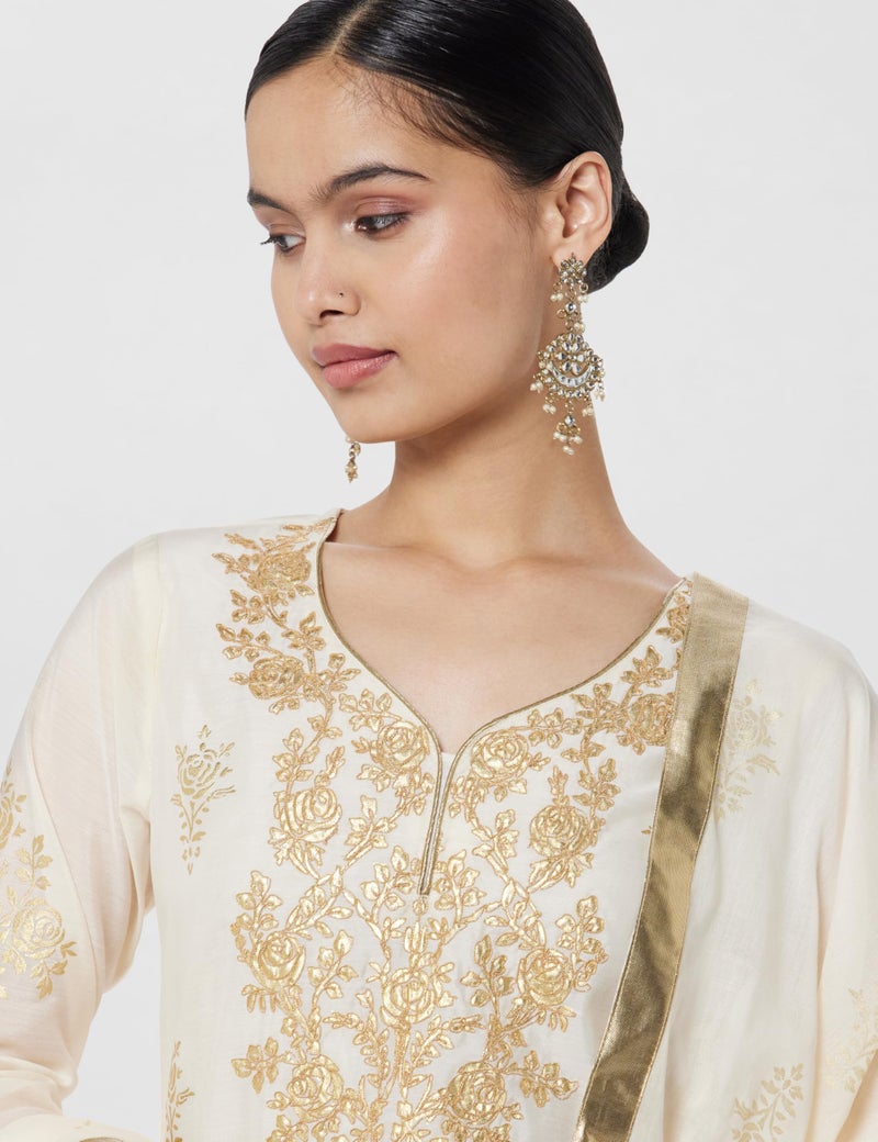 Biba Women Off White Poly Chanderi Fitted Kurta Set_36 - Image 4