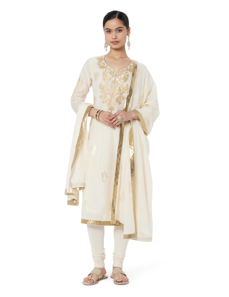 Biba Women Off White Poly Chanderi Fitted Kurta Set_36 - Image 1