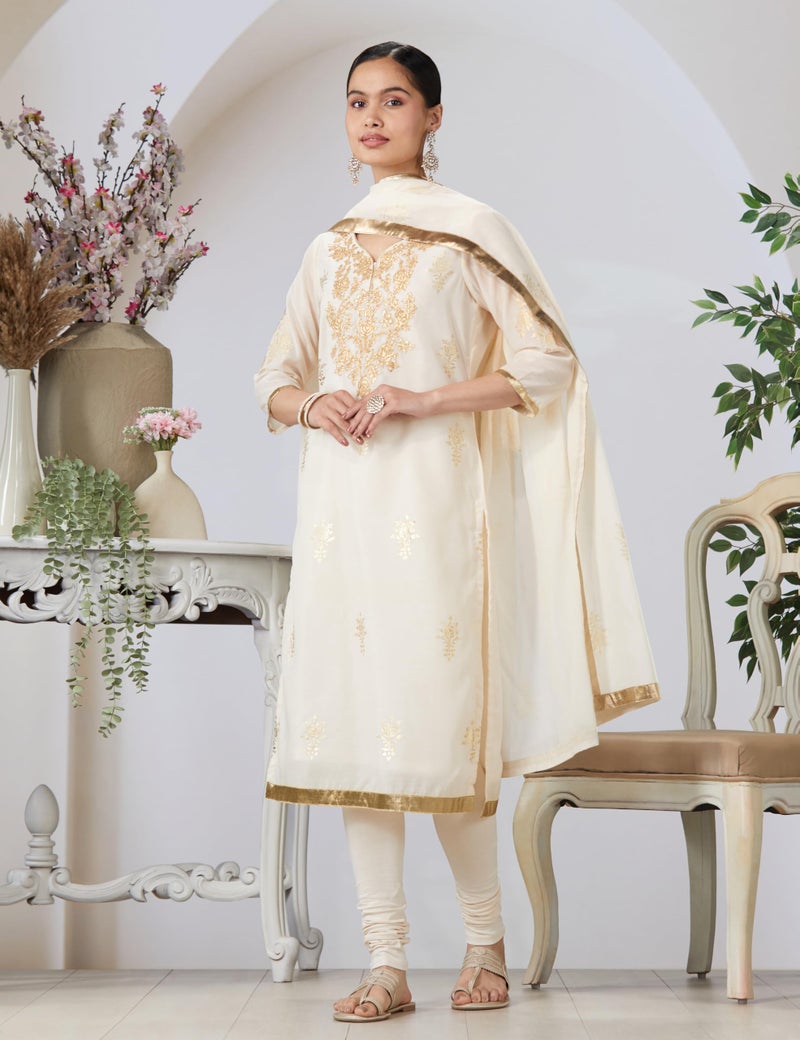 Biba Women Off White Poly Chanderi Fitted Kurta Set_36 - Image 2
