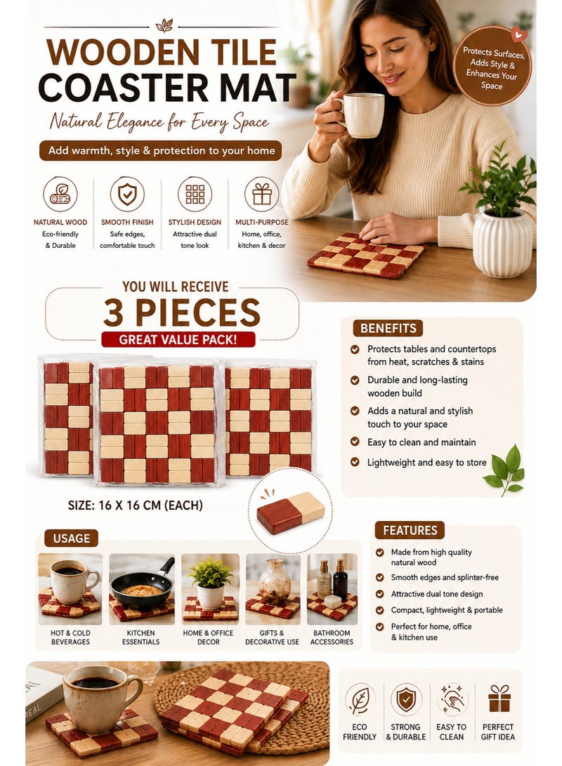 3 Piece Wooden Coaster Mat Set, Handcrafted Natural Wood Drink Coasters, Heat Resistant Table Protector for Coffee Mugs, Tea Cups, Kitchen, Office & Home Decor, 16x16cm - Image 3