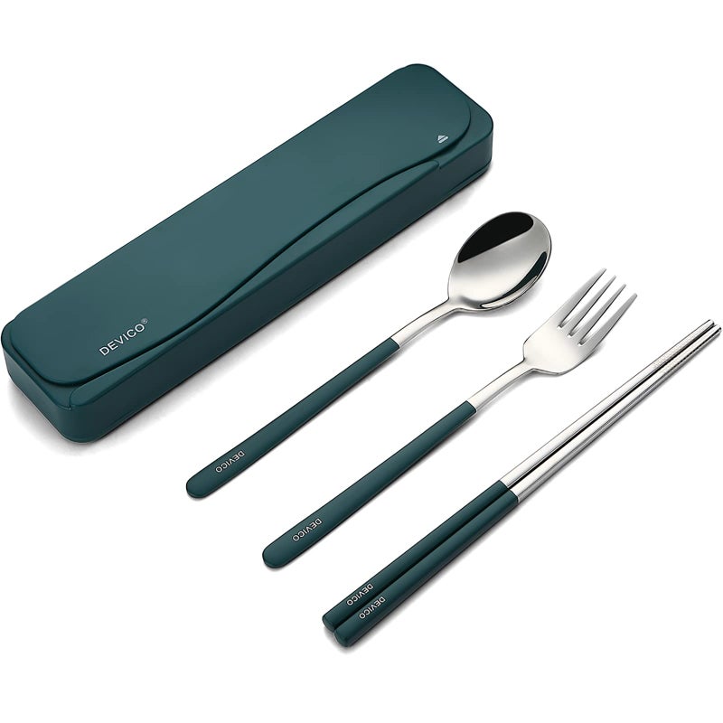 DEVICO Travel Utensils 188 Stainless Steel Portable Reusable Camping Silverware Cutlery Flatware Set 4Piece Include Fork Spoon Chopsticks with Case Dark Green