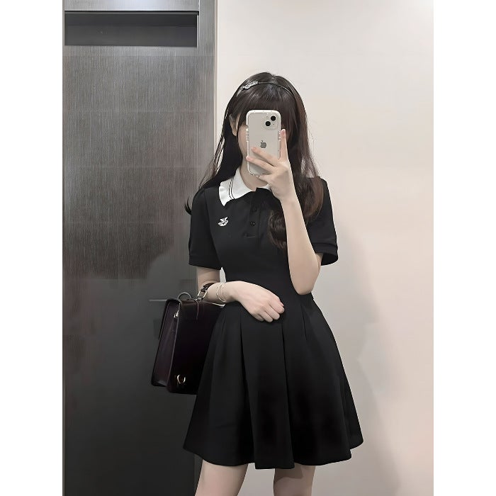New Embroidered Colorblock Polo Dress Black - Image 1