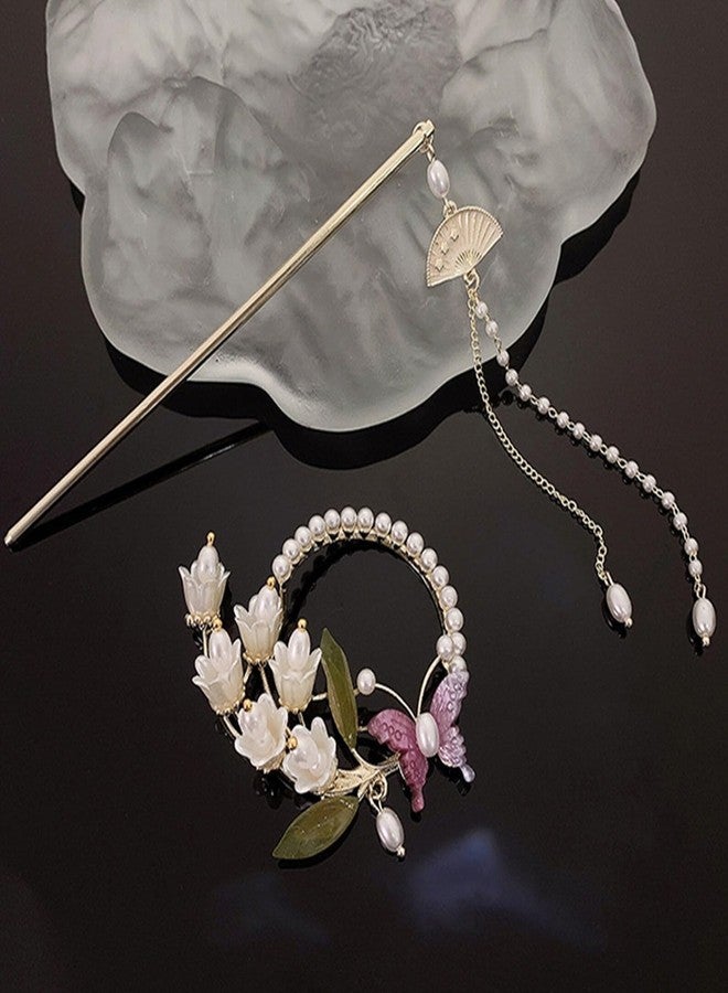 Ashkash Lily of the Valley Hair Clip - Elegant Chinese Style Pearl Tassel Hair Accessory for Women & Girls, Classical Back Head Hair Clip - Image 1