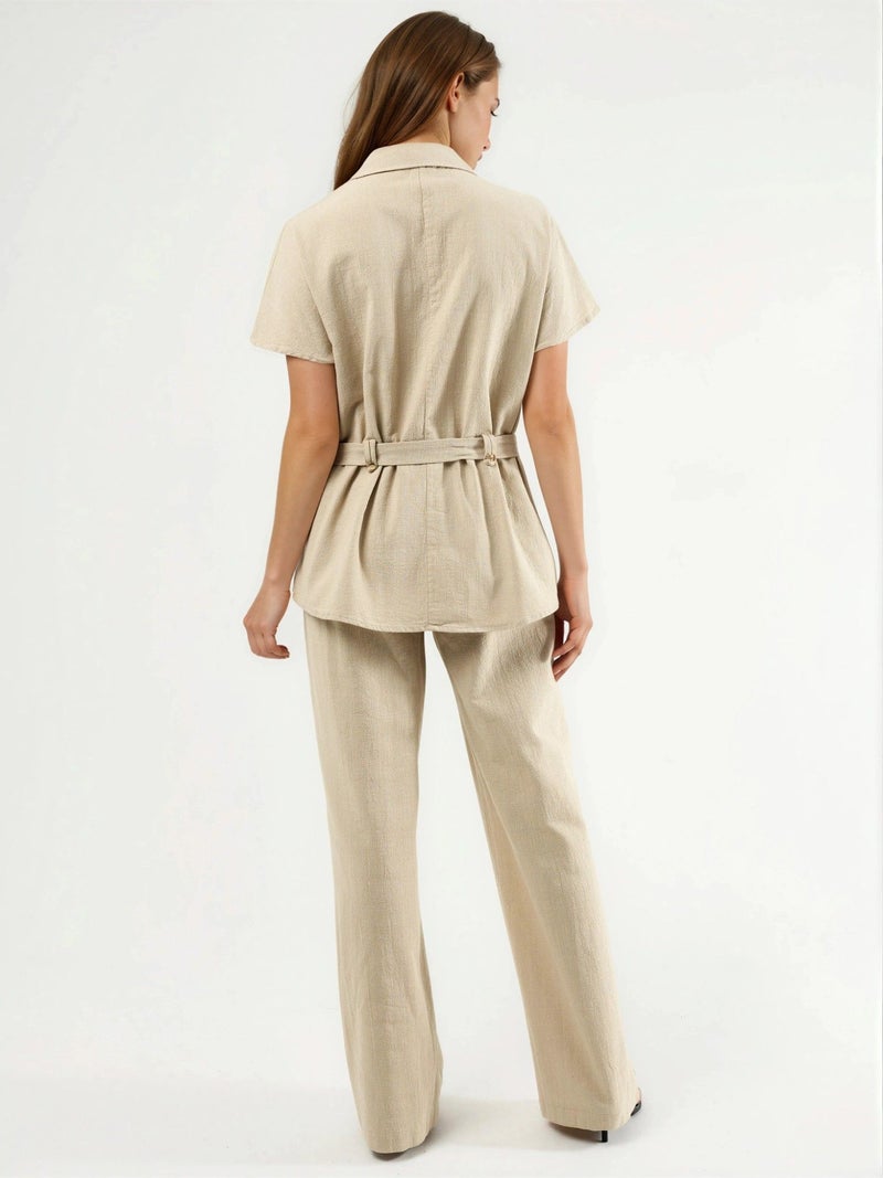 Qustyle QU STYLE Belted Mid Waist Wide Leg Two-Piece Co-ord Set - Image 3