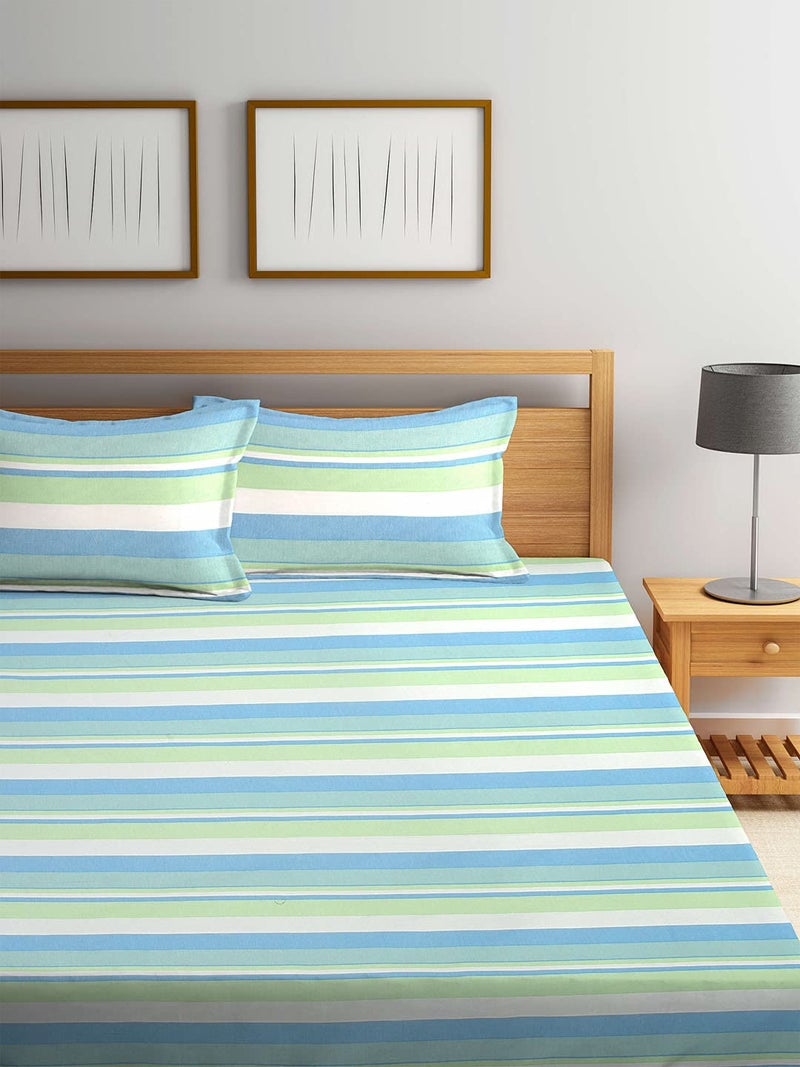 SHADES OF LIFE SHADES OF LIFE Amaze Handloom Stripped Cotton Blue Green Bed Sheet 250 TC1 Bedcover with 2 Pillow Covers for Double Bed Luxury Bedding Set Perfect for Home Decor Festive Gifting  - Image 1