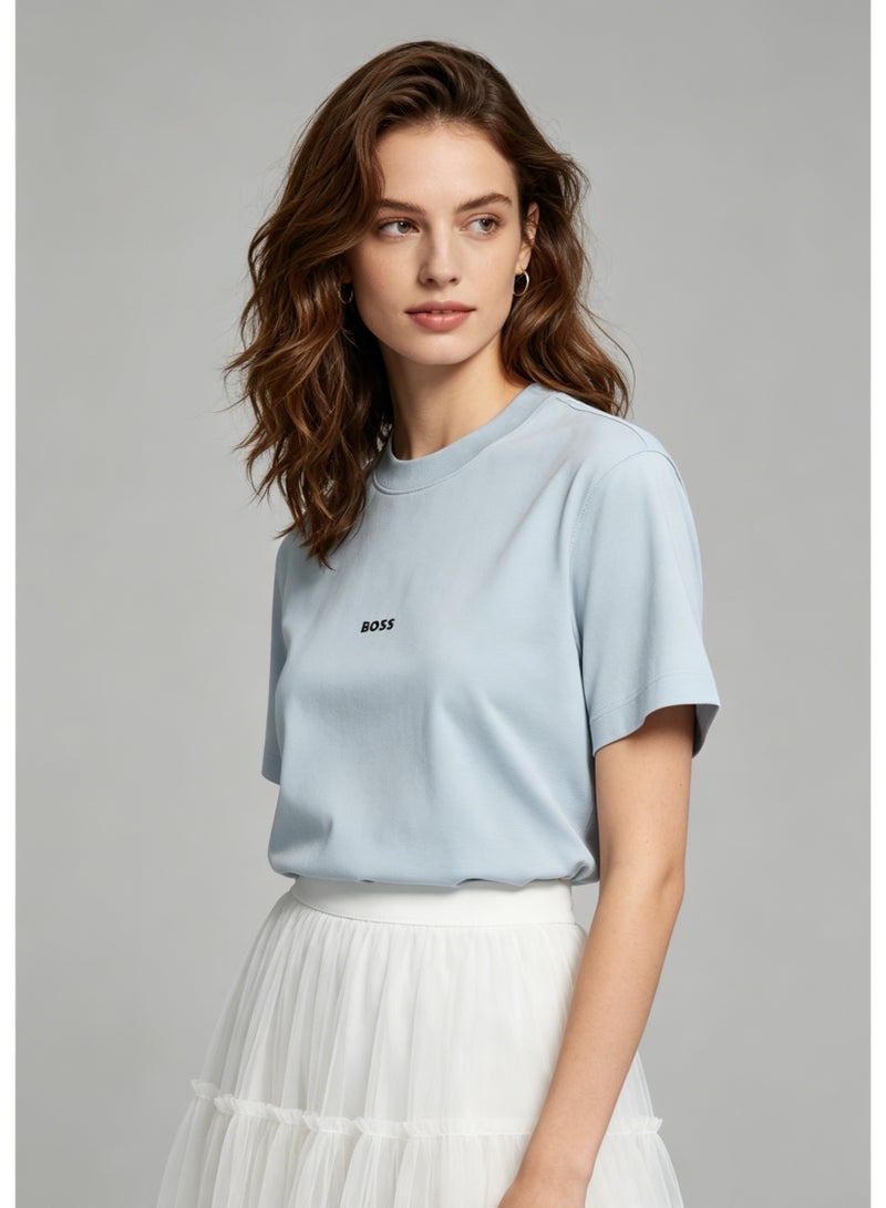 BOSS Unisex Loose Fit Cotton Crew Neck T-Shirt with Logo Print - Light Blue - Image 1