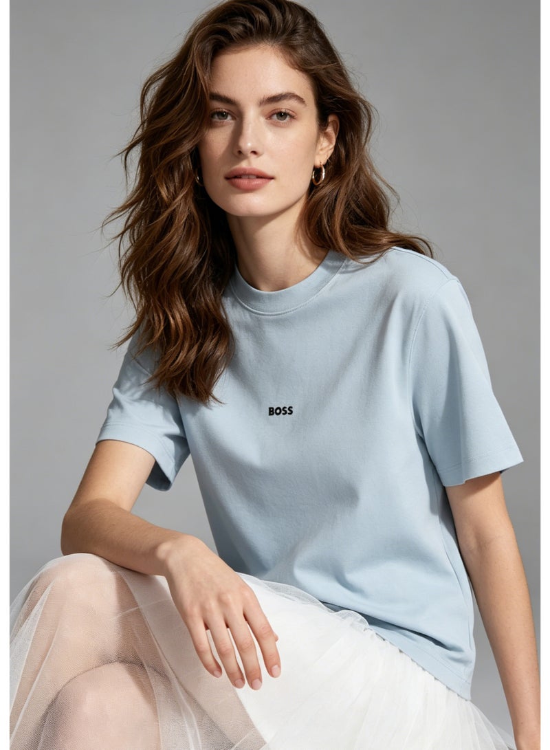 BOSS Unisex Loose Fit Cotton Crew Neck T-Shirt with Logo Print - Light Blue - Image 4