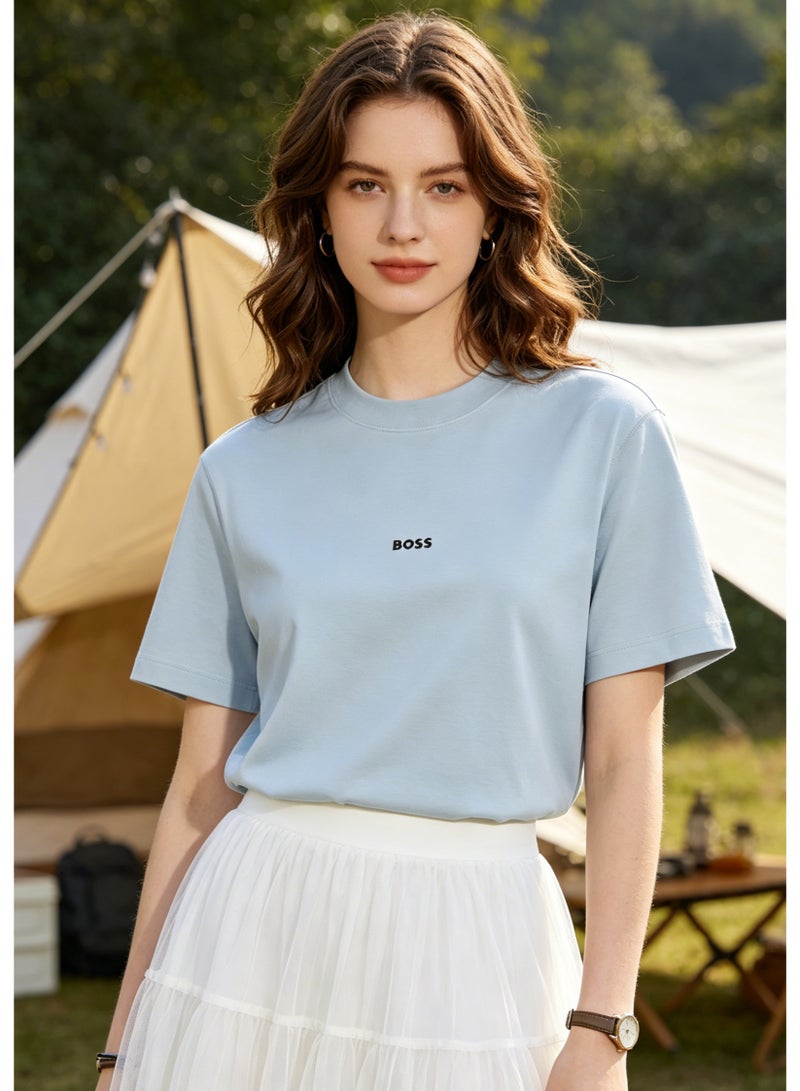 BOSS Unisex Loose Fit Cotton Crew Neck T-Shirt with Logo Print - Light Blue - Image 5
