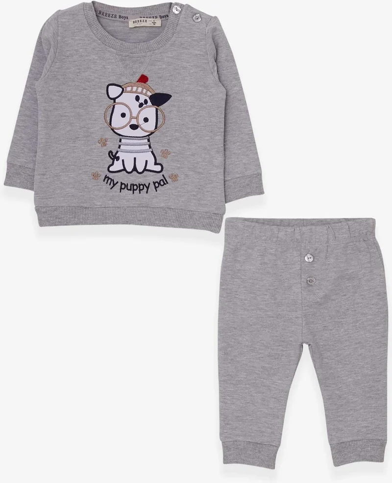 Breeze Baby Boy Tracksuit Set Glasses Dog Embroidered Gray Melange (9 Months-3 Years)