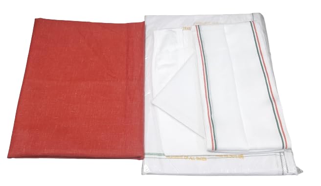 MAMRAJ Pure Cotton Men's 5 - Piece Pandit Dhoti Kurta Set | Premium Cotton Material | Dhoti,Unstitched Kurta, Gamcha, Vest, Hanky. (Red Kurta) - Image 3