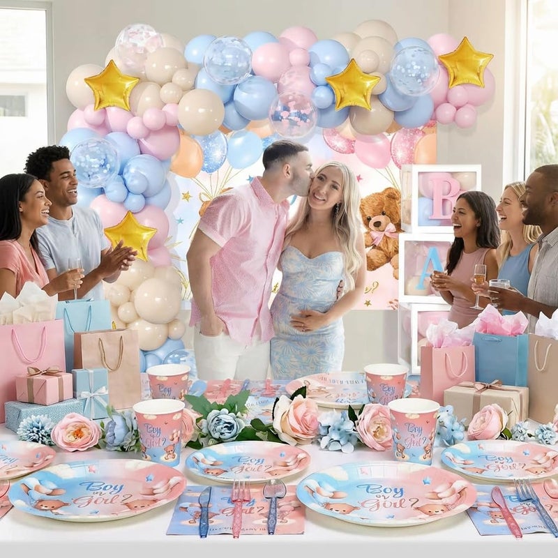 LQSMBDTY Bear Gender Reveal Decorations - 108pcs Pink Blue Balloon Garland Kit,2 Daddy and Mommy To Be Tinplate Badge Pin,stickers,plates and napkins,4pcs Baby Box With Letters,Boy or Girl Party Supplies - Image 3