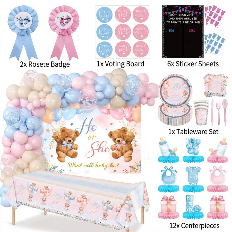 LQSMBDTY Bear Gender Reveal Decorations - 108pcs Pink Blue Balloon Garland Kit,2 Daddy and Mommy To Be Tinplate Badge Pin,stickers,plates and napkins,4pcs Baby Box With Letters,Boy or Girl Party Supplies - Image 2