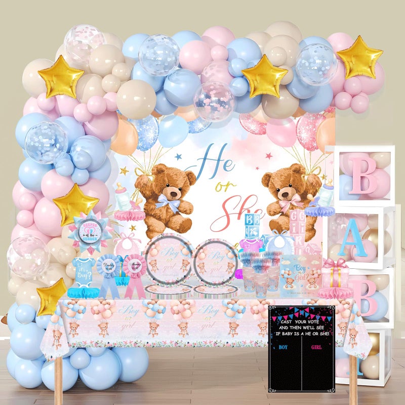 LQSMBDTY Bear Gender Reveal Decorations - 108pcs Pink Blue Balloon Garland Kit,2 Daddy and Mommy To Be Tinplate Badge Pin,stickers,plates and napkins,4pcs Baby Box With Letters,Boy or Girl Party Supplies - Image 1