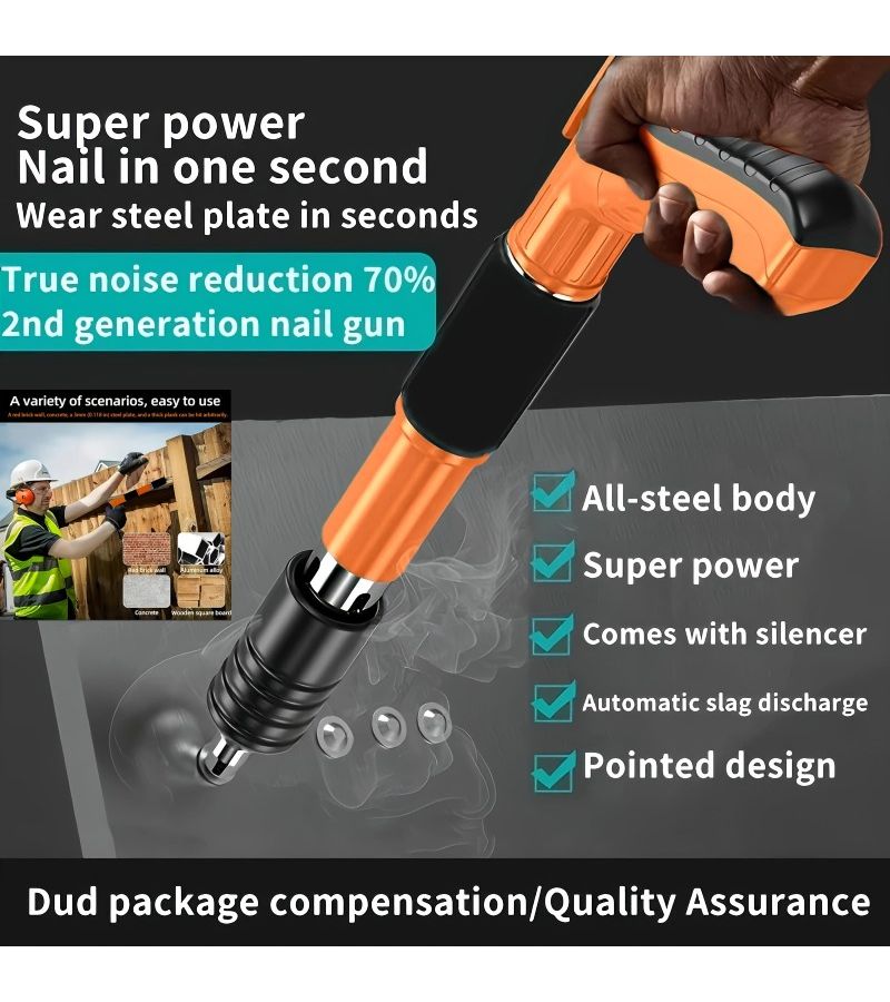 Heavy Duty Silent Manual Nail Gun Orange Super Strong One Second Trigger Second Generation With Handle Suitable For Concrete Wood Drywall Renovation Compatible With Nails Plugs And Pointed Tips - Image 3
