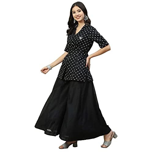 BIBA Cotton Collar Neck Womens Kurta Sharara Set (BLACK, 34) - Image 1