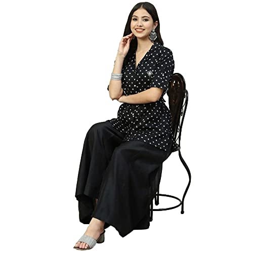BIBA Cotton Collar Neck Womens Kurta Sharara Set (BLACK, 34) - Image 4