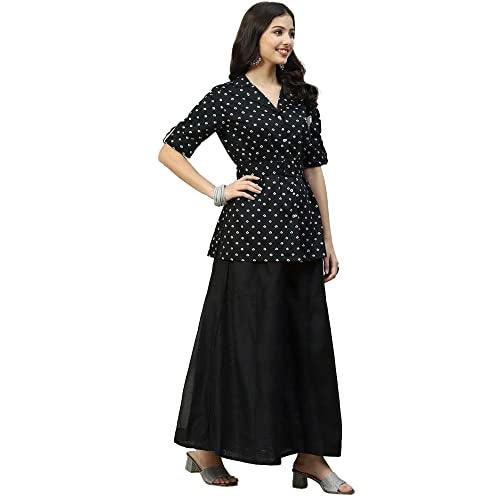 BIBA Cotton Collar Neck Womens Kurta Sharara Set (BLACK, 34) - Image 3