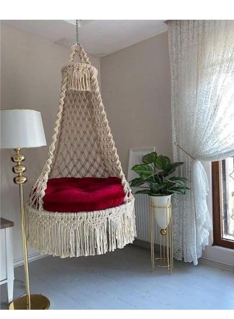 أرجوحة رويال هاموك من أواسيس ماكراميه، لون بيج وأحمر، أقصى وزن 200 كجم، طوق قاعدة 85 سم - Image 1