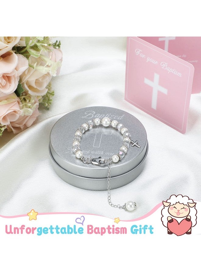 Haull 5 Pcs Christening Baptism Gifts Charms for Girls Granddaughter/Daughter Include 8.5 Inch Plush Lamb Toy Doll Pray Card with Gift Box Baptism Pearls Bracelet with Keepsake Box for Baby Shower - Image 2