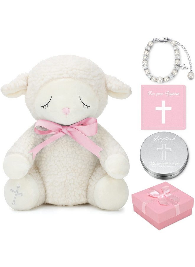Haull 5 Pcs Christening Baptism Gifts Charms for Girls Granddaughter/Daughter Include 8.5 Inch Plush Lamb Toy Doll Pray Card with Gift Box Baptism Pearls Bracelet with Keepsake Box for Baby Shower - Image 1
