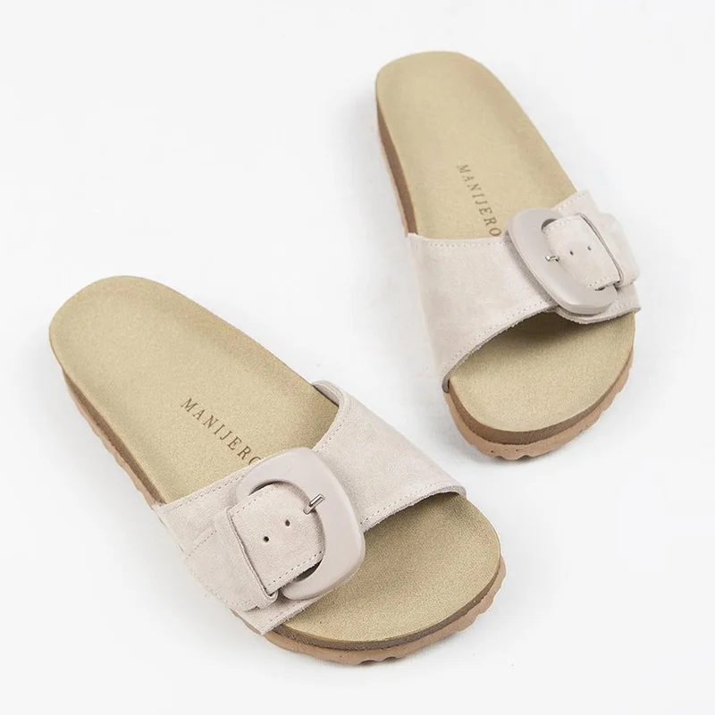 Manijero Manijero Alandra Genuine Leather Single Strap Beige Slippers