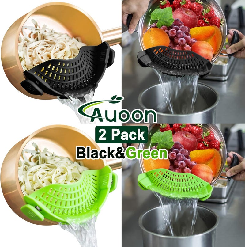 AUOON 2PACK Clip on Strainer for All Pots Pans - Silicone Pasta Strainer Kitchen Colander for Draining Noodles Spaghetti Ground Beef Grease｜Easy to Use and Store, Dishwasher Safe (BlackGreen) - Image 2