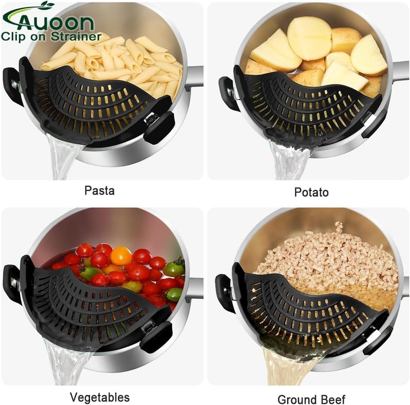 AUOON 2PACK Clip on Strainer for All Pots Pans - Silicone Pasta Strainer Kitchen Colander for Draining Noodles Spaghetti Ground Beef Grease｜Easy to Use and Store, Dishwasher Safe (BlackGreen) - Image 4