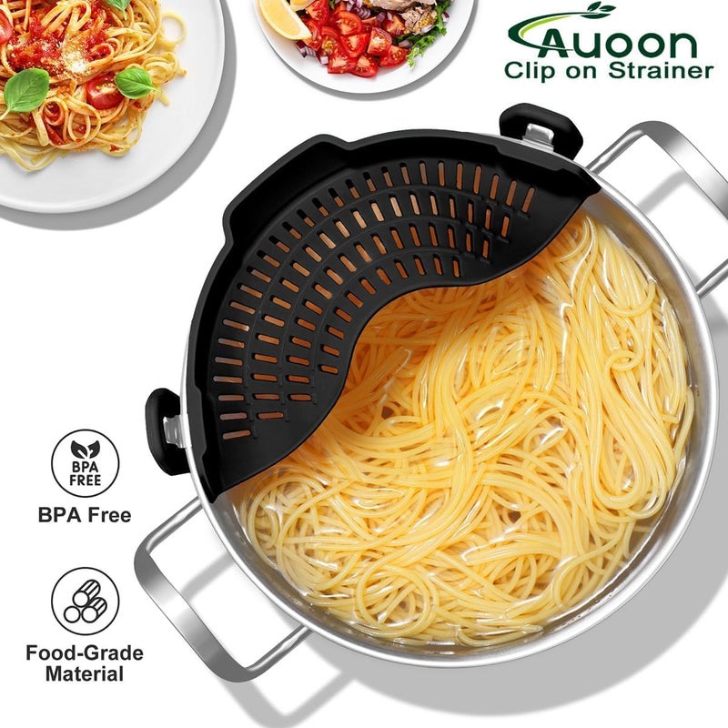 AUOON 2PACK Clip on Strainer for All Pots Pans - Silicone Pasta Strainer Kitchen Colander for Draining Noodles Spaghetti Ground Beef Grease｜Easy to Use and Store, Dishwasher Safe (BlackGreen) - Image 3
