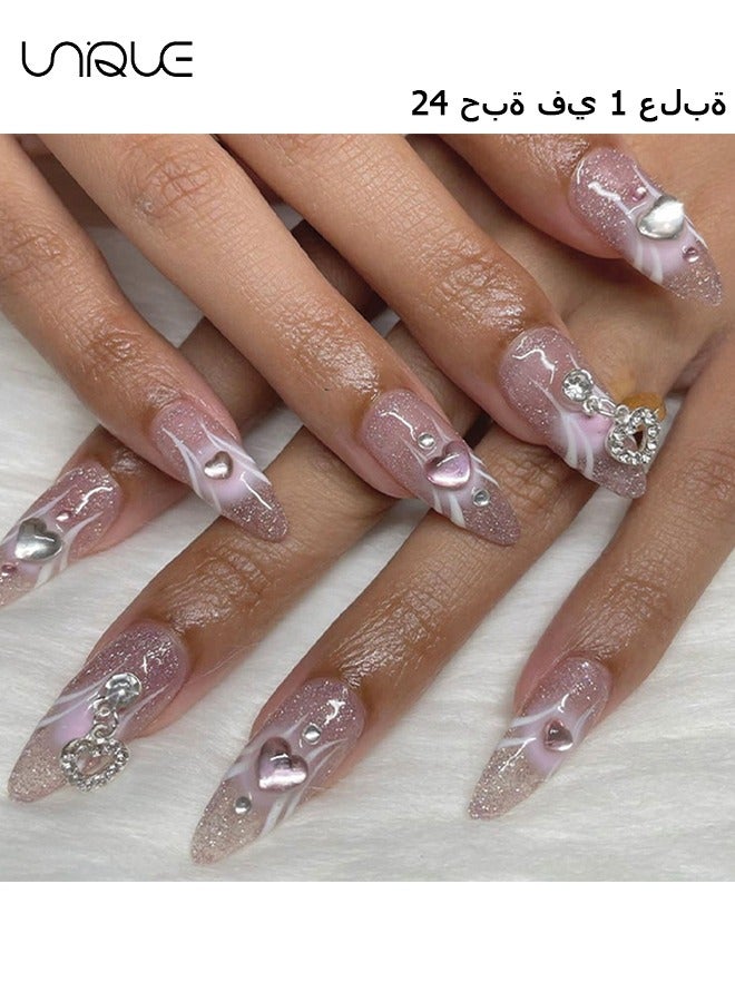 يونيك 24 قطعة أظافر مزيفة ، أظافر مضغوطة ، مانيكير منتصف اللوز - مانيكير وردي لامع متدرج - مانيكير بالليزر بالتنقيط بالقلب الماسي - رقعة أظافر مزيفة - Image 1