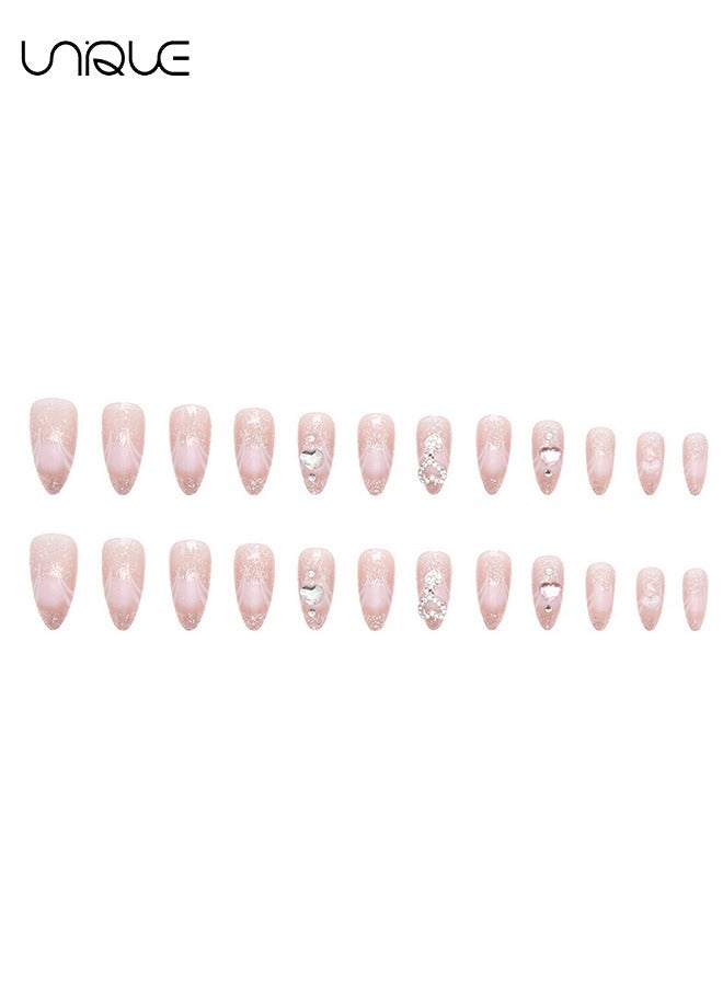 يونيك 24 قطعة أظافر مزيفة ، أظافر مضغوطة ، مانيكير منتصف اللوز - مانيكير وردي لامع متدرج - مانيكير بالليزر بالتنقيط بالقلب الماسي - رقعة أظافر مزيفة - Image 5
