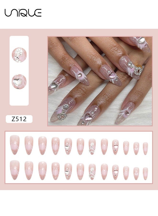 يونيك 24 قطعة أظافر مزيفة ، أظافر مضغوطة ، مانيكير منتصف اللوز - مانيكير وردي لامع متدرج - مانيكير بالليزر بالتنقيط بالقلب الماسي - رقعة أظافر مزيفة - Image 2