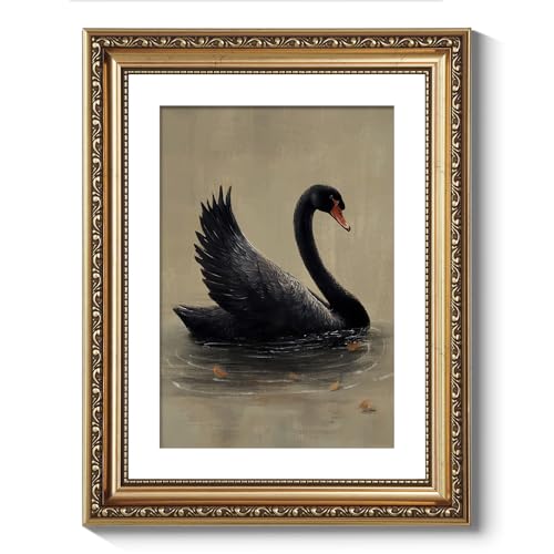 ARPEOTCY Vintage Gold Framed Wall Art Decor, Black Grace Swan Canvs Art for Living Room Bedroom Office, 11x14 Inch Vintage Animal Oil Painting Picture Bathroom Wall Decor Aesthtic - Image 1