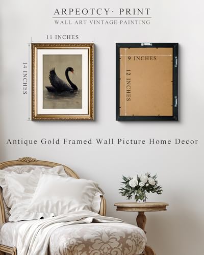 ARPEOTCY Vintage Gold Framed Wall Art Decor, Black Grace Swan Canvs Art for Living Room Bedroom Office, 11x14 Inch Vintage Animal Oil Painting Picture Bathroom Wall Decor Aesthtic - Image 3