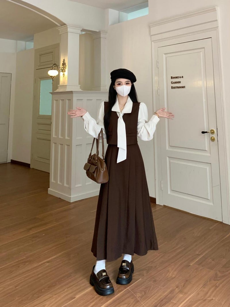 French Retro Daughter Fake Two-piece dress Womens Autumn plus size Chubby Sister Commuter Elegant Slimming Gentle Long Dress Dmj1301 brown