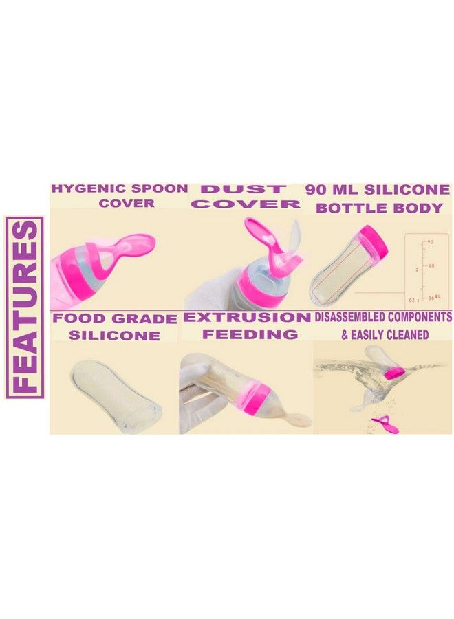 Tinny Tots 90Ml Silicone Squeeze Style Rice Cereal Bottle Squeeze Feeder With A Spoon Newborn Toddler Infant Food Supplement (Pink) - Image 3